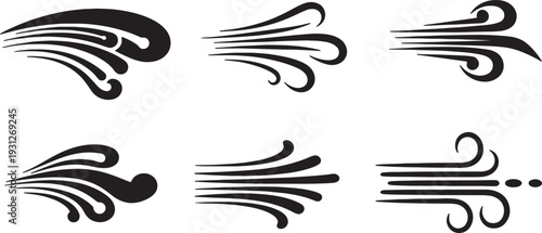 Black Solid Aerodynamic Air Current Silhouettes Set of Six on White Background