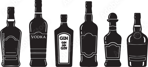 Black Solid Liquor Bottle Silhouettes Set of Six on White Background