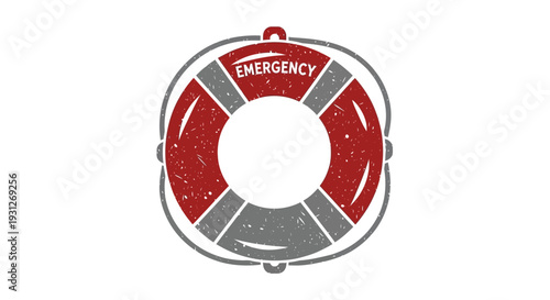 Red and grey emergency life preserver ring with "EMERGENCY" text on white background