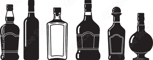 Black Solid Liquor Bottle Silhouettes Set of Six on White Background