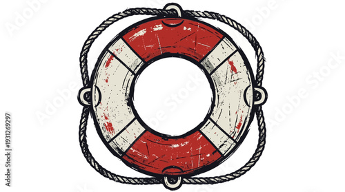 Red and white life preserver ring with rope, isolated on white background