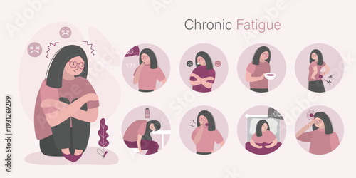 Chronic fatigue syndrome infographic. Unhappy woman with low battery. Tired girl. Effects of chronic stress cause illness. Health concept.