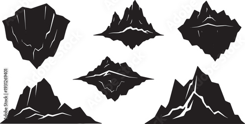 Black Solid Arctic Iceberg Mountain Silhouettes Set of Six on White Background