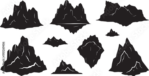 Black Solid Arctic Iceberg Mountain Silhouettes Set of Six on White Background