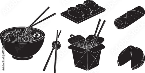 Black Solid Asian Food Silhouettes Set of Six on White Background