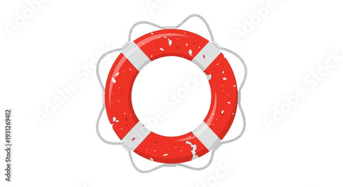 Red lifebuoy with white stripes on white background