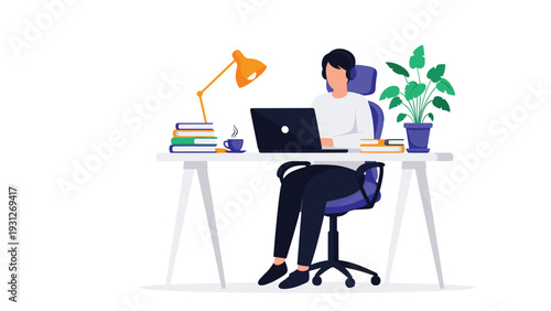 Focused freelancer or student working at a clean white desk with laptop lamp books coffee and potted plant decoration.