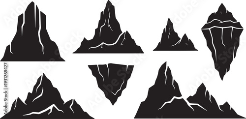 Black Solid Arctic Iceberg Mountain Silhouettes Set of Six on White Background