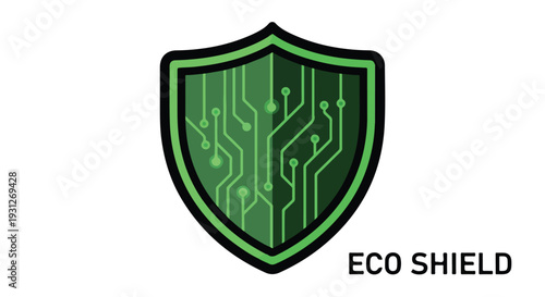 Green Shield Icon with Circuit Board Pattern and "ECO SHIELD" Text Isolated on White Background
