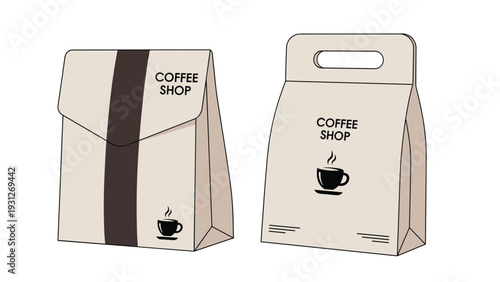 Realistic mockup of paper takeaway bags for a coffee shop with a minimal logo design on a clean white background.