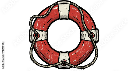 Red lifesaver ring with rope, safety equipment, isolated on white background