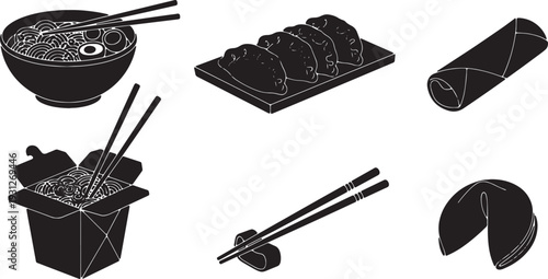 Black Solid Asian Food Silhouettes Set of Six on White Background