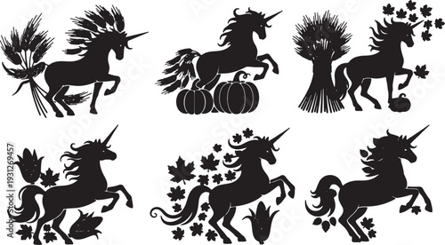 Black Solid Autumn Harvest Unicorn Silhouettes Set of Six on White Background