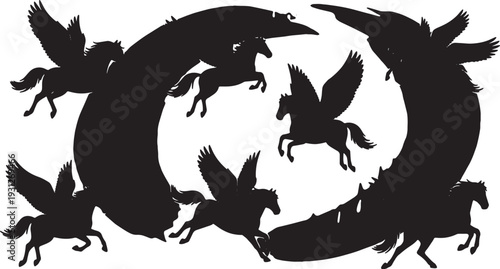 Black Solid Aurora Flight Pegasus Silhouettes Set of Six on White Background
