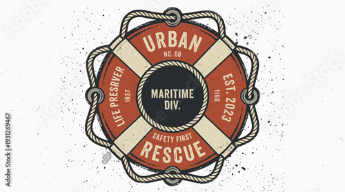 Retro life preserver with rope, urban maritime rescue graphic