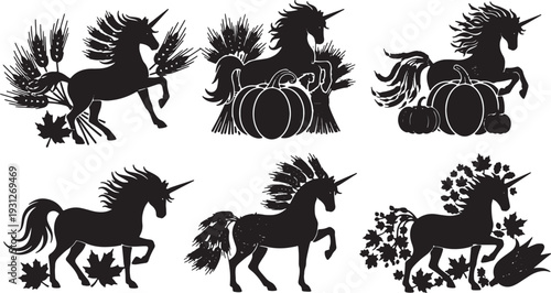 Black Solid Autumn Harvest Unicorn Silhouettes Set of Six on White Background