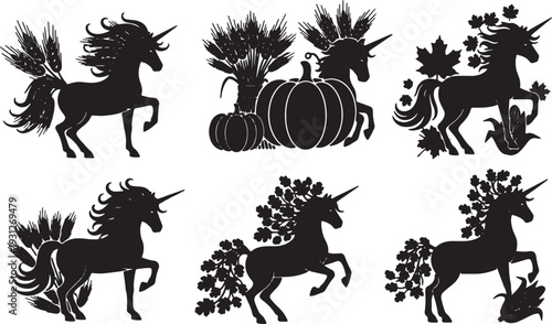 Black Solid Autumn Harvest Unicorn Silhouettes Set of Six on White Background
