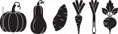 Black Solid Autumn Vegetable Silhouettes Set of Six on White Background