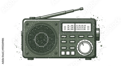 Retro radio receiver with antenna and tuning dial, vintage audio device
