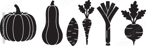 Black Solid Autumn Vegetable Silhouettes Set of Six on White Background