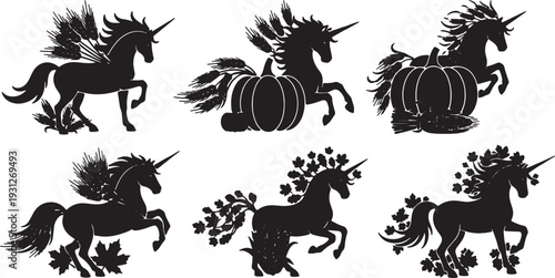 Black Solid Autumn Harvest Unicorn Silhouettes Set of Six on White Background