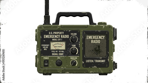 Vintage emergency radio with antenna and dial on white background