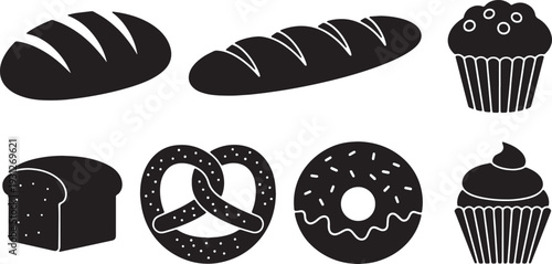 Black Solid Bakery and Pastry Silhouettes Set of Six on White Background