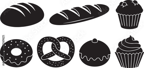 Black Solid Bakery and Pastry Silhouettes Set of Six on White Background