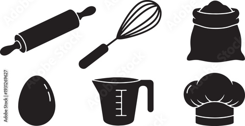 Black Solid Baking Essentials Silhouettes Set of Six on White Background