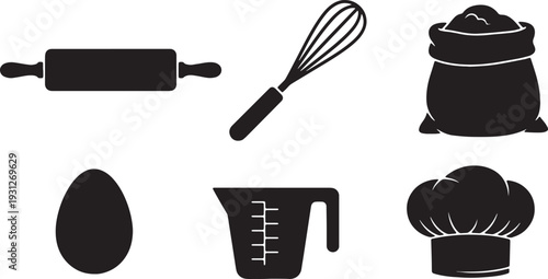 Black Solid Baking Essentials Silhouettes Set of Six on White Background