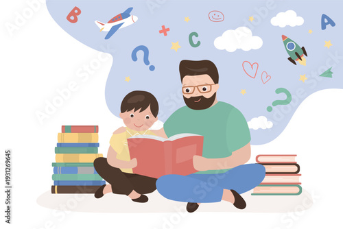 Dad reading for kid. Family sitting with many books. Friendly family reading books together at home. Learning process, storytelling, Fatherhood, father spending time with son