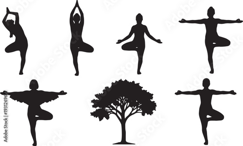 Black Solid Balance Focus Eagle Tree Silhouettes Set of Six on White Background