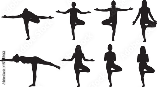 Black Solid Balance Focus Eagle Tree Silhouettes Set of Six on White Background