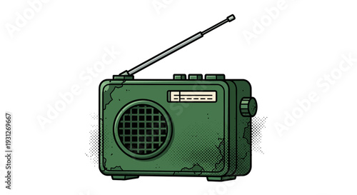 Vintage green radio with antenna on white background