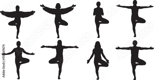 Black Solid Balance Focus Tree Yoga Silhouettes Set of Six on White Background