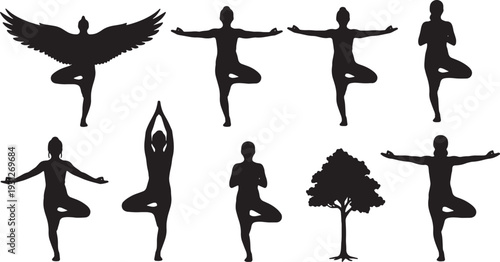 Black Solid Balance Focus Tree Yoga Silhouettes Set of Six on White Background