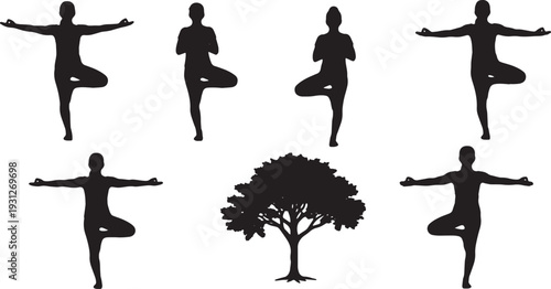 Black Solid Balance Focus Yoga Poses Silhouettes Set of Six on White Background