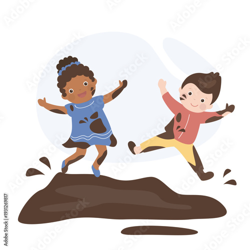Dirty children jump and have fun in the mud. Childhood, fun and activity for kids. muddy puddle and dirty children.