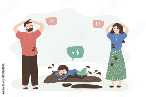 Dirty child is lying on floor, screaming and crying in mud. Kid having tantrum, hysteria. Parents can't cope with their child tantrum. Mom and dad stressed by little son behavior.