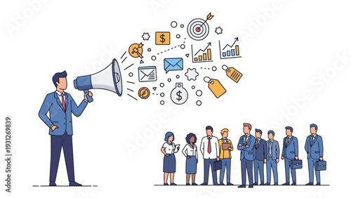 Business professional uses a megaphone to communicate marketing strategies and sales icons to a team of employees.