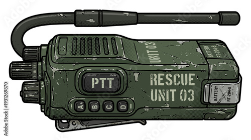 Vintage military radio, rugged walkie-talkie with PTT button, green color