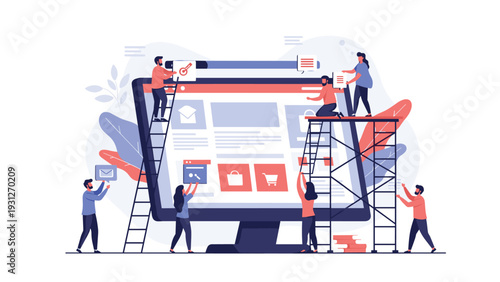 Collaborative team of web developers and designers building an ecommerce website on a giant computer monitor.