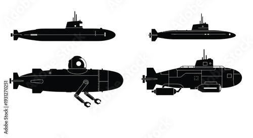 A black silhouette of a submarine from multiple angles