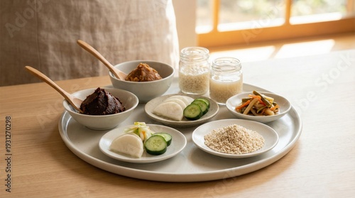 A plate of healthy fermented foods and pickles lined up on the table with natural light/自然光が差し込む食卓に並んだ健康的な発酵食品と漬物のプレート