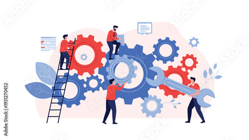 Team of hardworking mechanics or engineers collaborating with large gears and a wrench to fix a complex machine system.