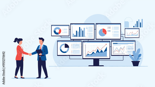 Business partners shaking hands to close a deal after reviewing financial performance charts on multiple computer monitors.