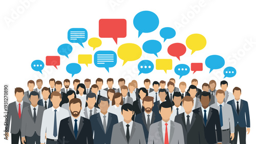 Diverse group of professional people communicating through multiple colorful speech bubbles representing ideas and feedback.