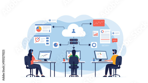 Technical support team or developers managing cloud servers and data visualizations from their modern workstations.