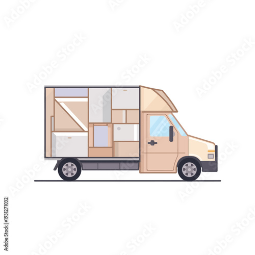 Illustration of a beige camper van with a simple design and visible interior layout.