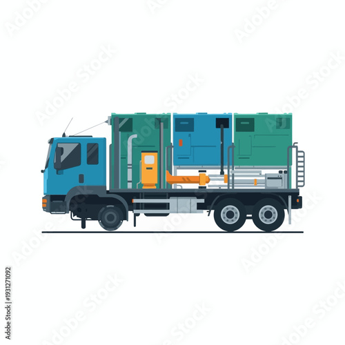 Illustration of a blue truck carrying large green containers on its flatbed trailer.